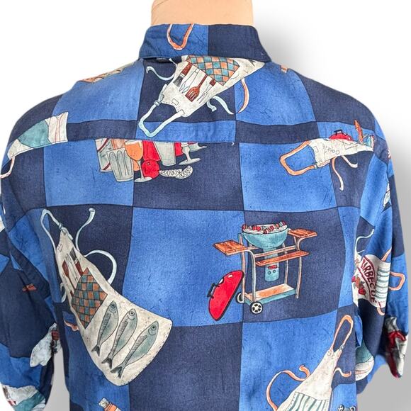 Vintage Campia Moda BBQ Shirt XL Blue Checked Grill Apron Print Rayon Boxy Camp - Picture 5 of 9